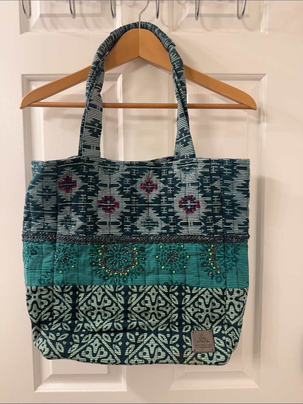 Prana Teal & Navy Embroidered Pattern Tote